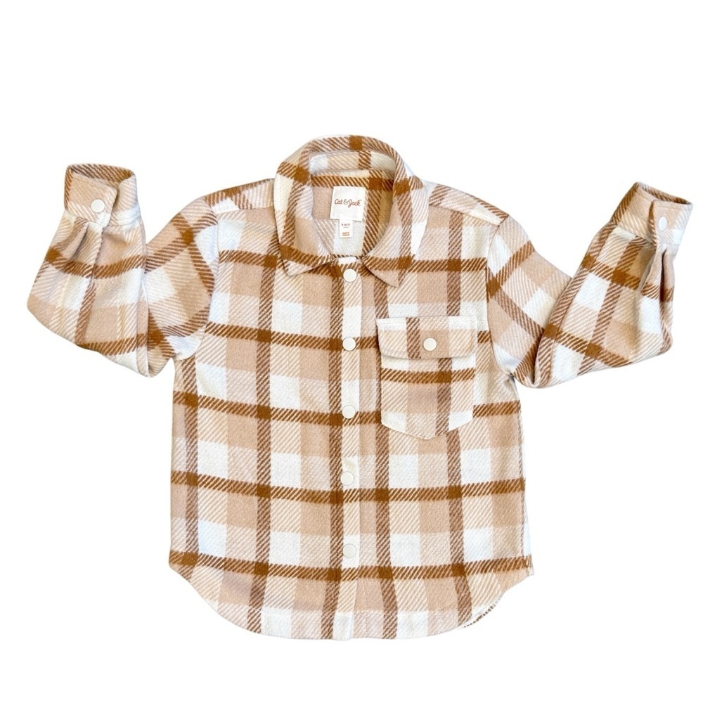 New Cat & Jack White & Tan Plaid Flannel Shirt Snap Front Size S 6/7